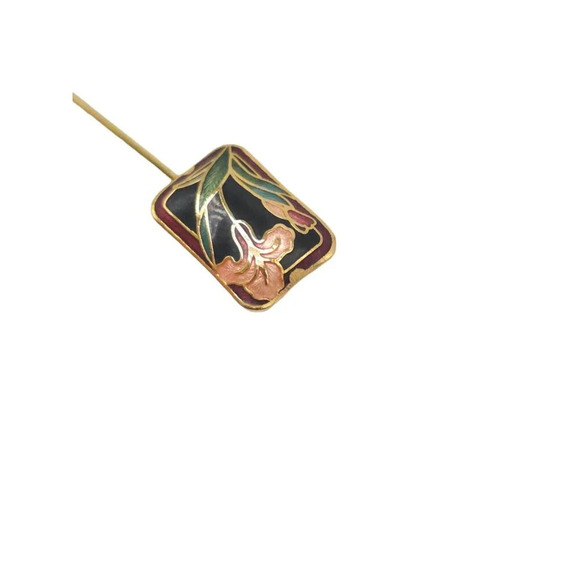 Vintage Cloisonne Floral Stick Pin With Gold Tone Rectangular Design - Picture 3 of 5